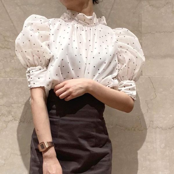 

women's blouses & shirts japan style puff mesh drape solid woman back bowknot design sweet shirt summer 2021 lantern sleeve loose blusa, White
