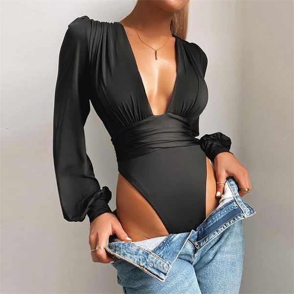 Seksi Derin V Yaka Uzun Kollu Bodysuit Kadınlar Için Clubwear Sonbahar Moda Temel Tulum Sokak Rahat Giyim Tulum Mujer 210522