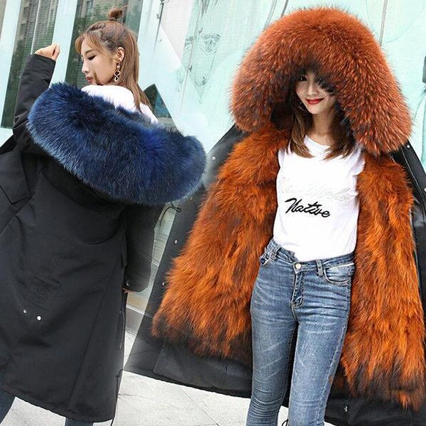 

haining raccoon dog fur coat over the knee pai overcome women's middle and long detachable leather & faux, Black