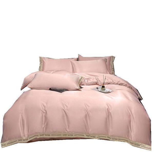 

satin silk bed sheet solid color quilt cover pillow case set bedding sets