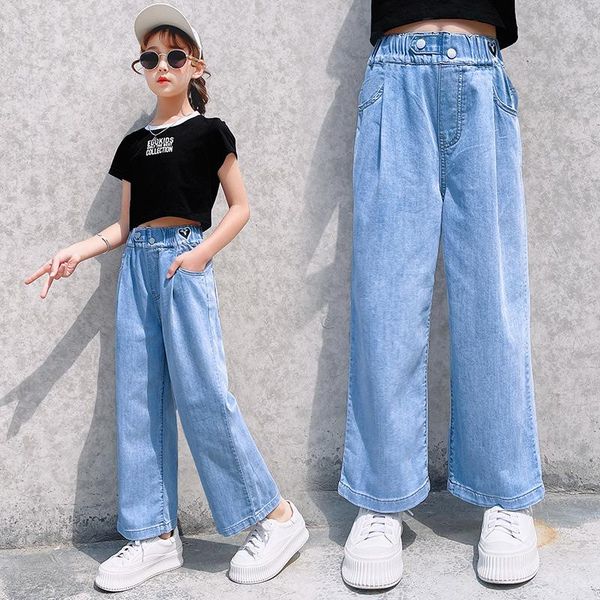 

jeans kpop fashion girl pants loose leisure wide leg summer thin clothes student teens kids comfort straight long trousers, Blue