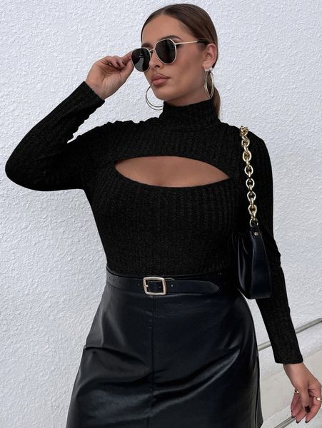 

plus cut out mock neck bodysuit y7ap#, Black