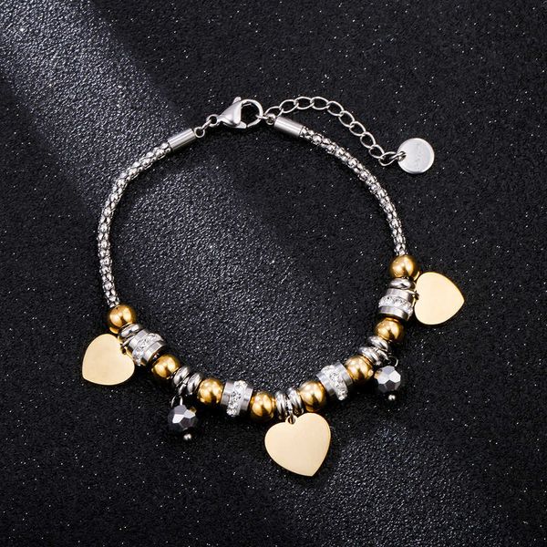 Love Charm Gold Armbänder Mode Metall Perlen Kristall Edelstahl Pulsera Herz Armband Schmuck für Frauen Mädchen Geschenke Q0719