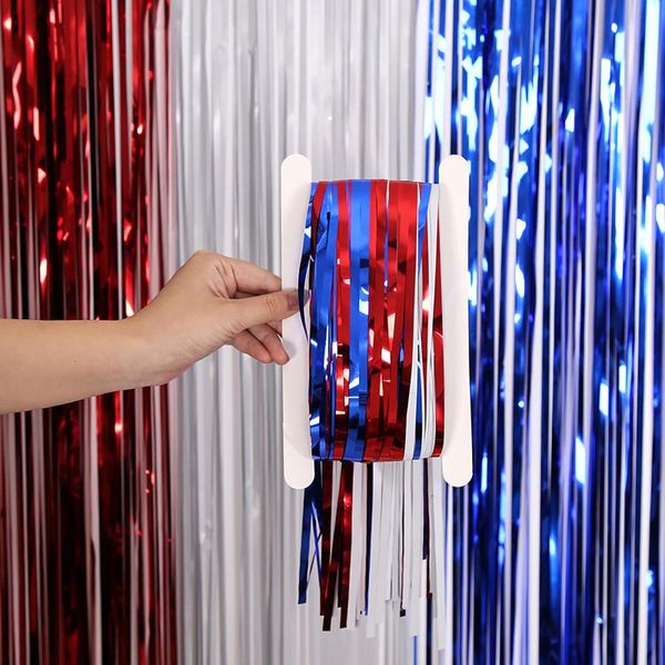 

party decoration 4th of july independence day blue white red foil tinsel fringe curtain backdrop for veterans memorial patriotic decorations