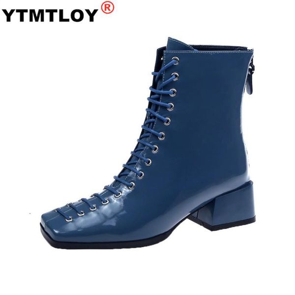 

boots square toe ankle women fashion blue patent leather lace-up mid high shoes british style bota feminina heel, Black