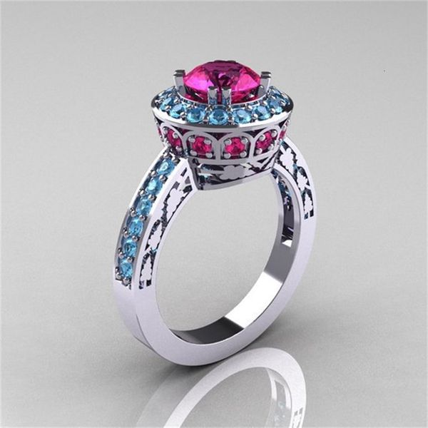

selling plated ring beset sanjie inlaid rose red sea blue , simple palace style alloy, Silver