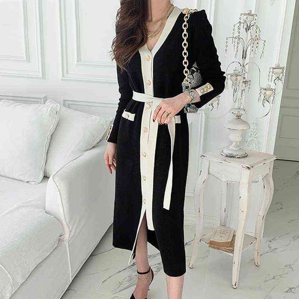 

new arrival autumn slim cardigan long sleeve knitted dress women's korean houndstooth retro lace up chic dress vestido g1214, Black;gray