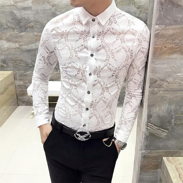 

men's casual shirts lace hollow party social men blouses 3xl tuxedo shirt 2021 spring summer slim fit mens dress, White;black