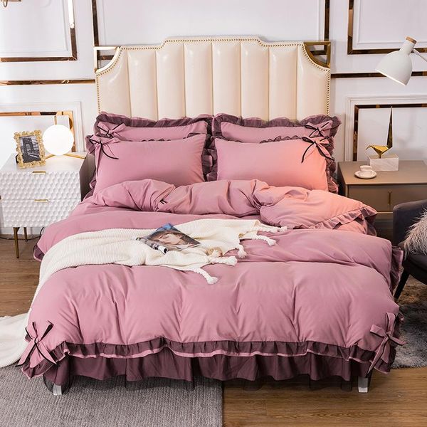 

bowls four-piece bed solid color skirt cute princess style bowknot lace quilt