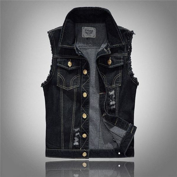 

men's vests style summer men's denim vest slim men outerwear coats fashion hole sleeveless for big size 5xl 6xl blue black, Black;white