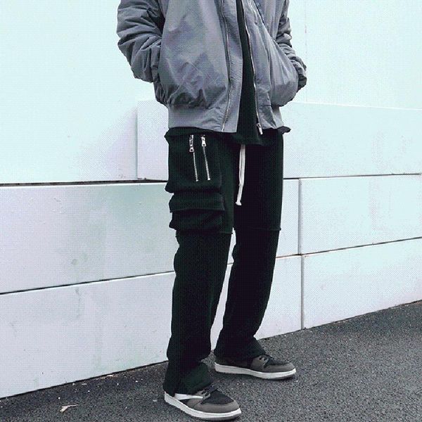 

mens pants multi-pocket joggers casual trousers high street inside fleece thick winter sweatpants drawstring oversize harem, Black