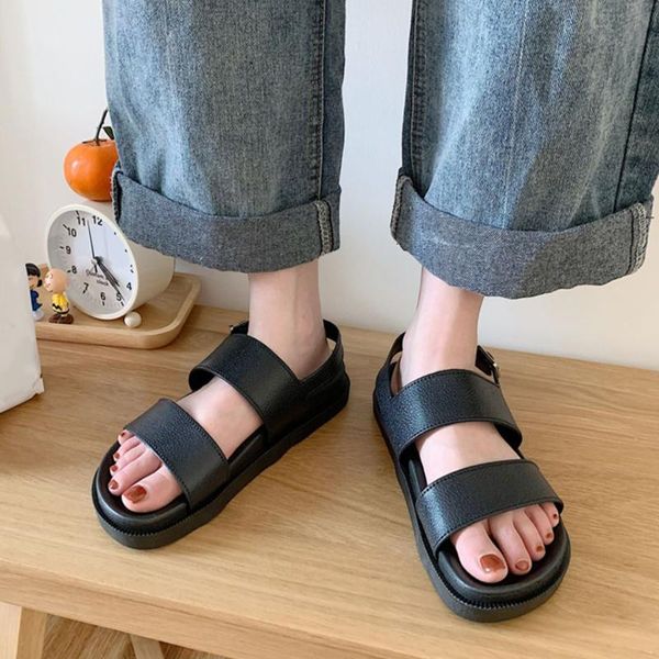 

sandals 2021 women soft leather ankle strap buckle open toe footwear fashion retro summer beach walking ladies flat roman shoes, Black
