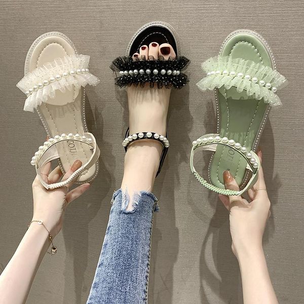 

slippers shoes women female string bead on a wedge slides beige heeled sandals fashion med soft 2021 flat summer black luxury b