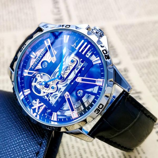 

wristwatches aokulasic men mechanical automatic luxury mens watches fashion casual business man watch sports relogio masculino, Slivery;brown