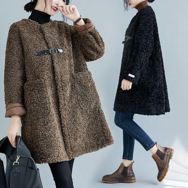 

Women's Jackets Women black winter coat wool plus size plush jacket long sleeve women's mid-length lamb fur Manteau femme BFTR, Black;brown