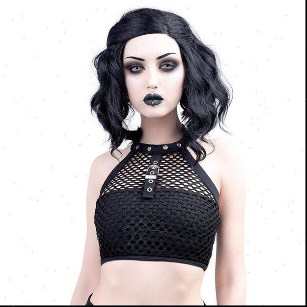 

grid hollow out halter womens cami crop gothic punk style tank black streetwear bodycon summer backless outfit, White