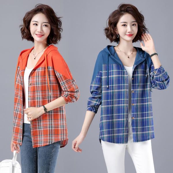 

women's blouses & shirts #2975 spring autumn plaid shirt woemn with hood cotton spliced color long sleeved casual womens slim, White
