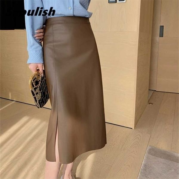 

seoulish autumn winter pu leather women's long skirt high wasit female straight side split a-line pencil s 211214, Black