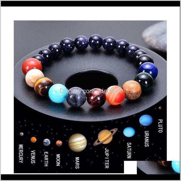 Pulseiras pulseiras jóias natural azul arenito energia universo galáxia sistema solar yoga chakra oito planeta bead pulseira entrega de gota 202