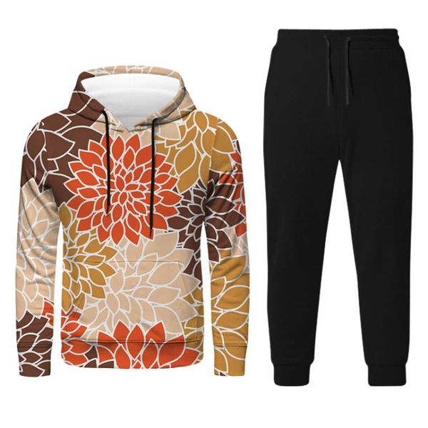 

men's tracksuits european and american trend large loose sweater set fashion leisure flower style series hooded round neck pullover, Gray
