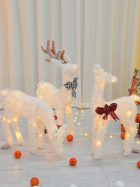 Decorações de Natal 3 pcs decoração branca flocando cervos luminosos ornamentos janela meichen elk navidad 2022