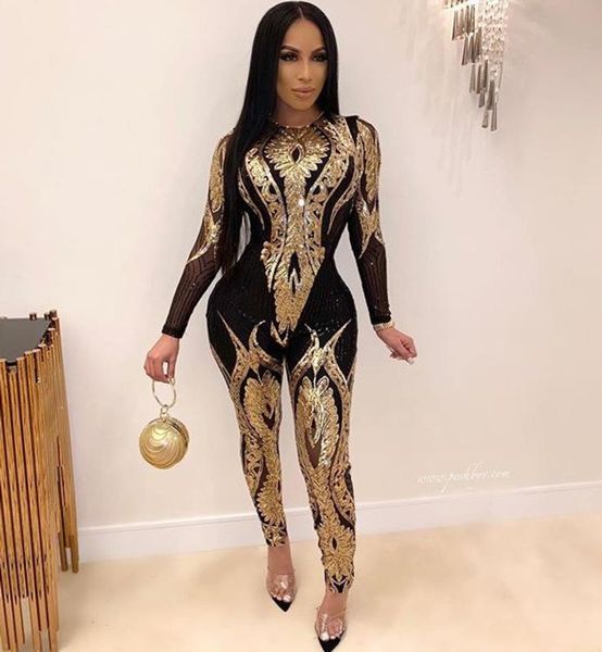 

women's jumpsuits & rompers gold sequin mesh long sleeve bodysuit jumpsuit women womens macacao feminino overalls combinaison femme bod, Black;white