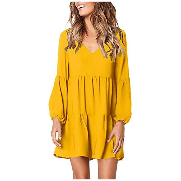 

casual dresses spring autumn dress women elegant v-neck long sleeves multi-layer ruffles hem swing solid slim vestidos #t2g, Black;gray