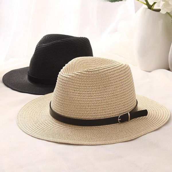 

wide brim hats [ozyc]sombreros women summer hat men classic black girdle panama sunhats jazz beach for chapeau de paille femme, Blue;gray