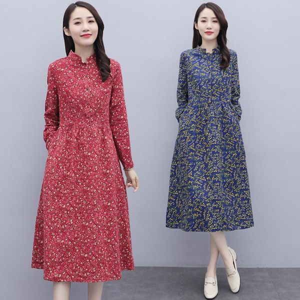 

spring autumn vintage loose red print cotton and linen dress 2021 elegant casual 3xl plus size midi women bodycon vestidos dresses, Black;gray
