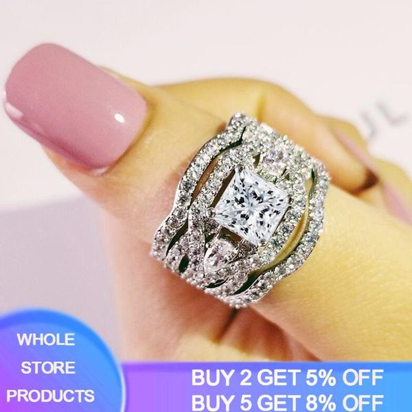 

cluster rings yanhui 3pcs/set promise finger ring set 100% real 925 sterling silver 5a zircon sona cz engagement wedding band for women, Golden;silver