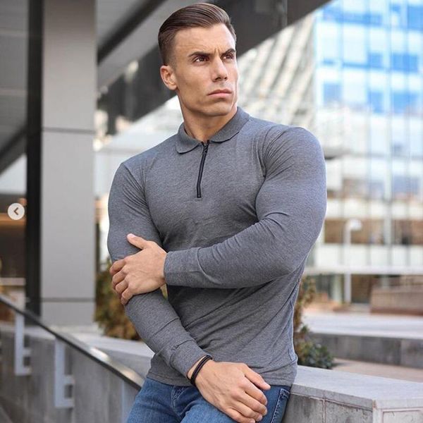 

men's polos mens spring zipper shirt long sleeve slim fit men fashion turn collar cotton fitness sports casual golf shirts, White;black