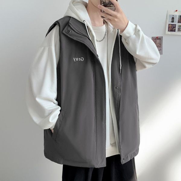 

men's vests legible 2021 sleeveless jacket casual hooded vest men loose patchwork fake two pieces jackets, Black;white