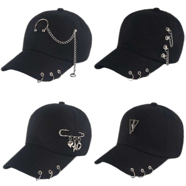 

Fashion hip hop cotton baseball cap BTS Creative Piercing Ring Caps Punk Adult Casual Solid Adjustable Unisex hat Snapback hats, Blue;gray