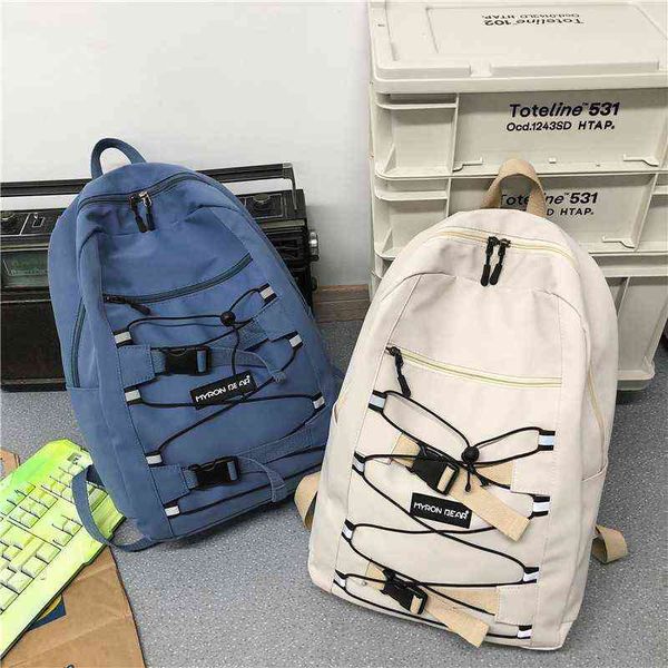 

2021 harajuku fashion women's backpack student backpacks with solid color reflective tape large capacity nylon travel backpacks y1105