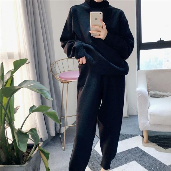 

arrival full women's suit knit pullover turtleneck sweater and casual harem pants two-piece women 2 piece set two, White