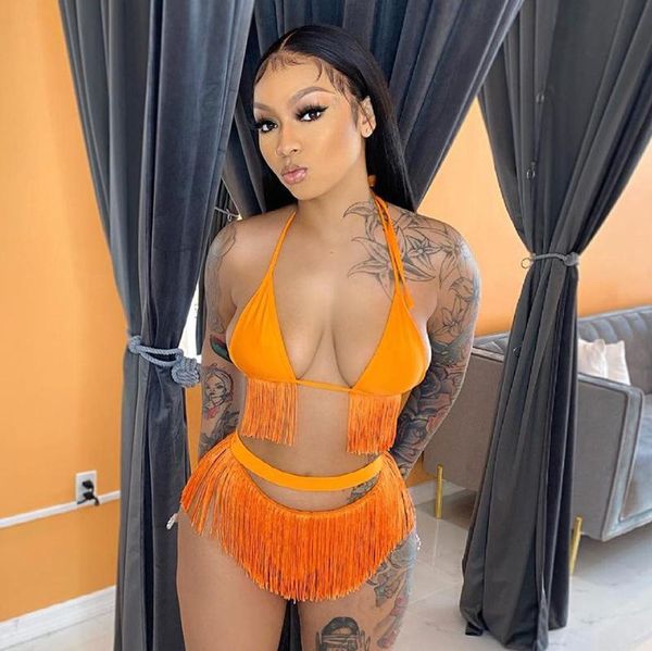 

women's swimwear k21st291 summer solid color open back fringe hanging neck bikini high waist shorts two piece set women dress, White;black