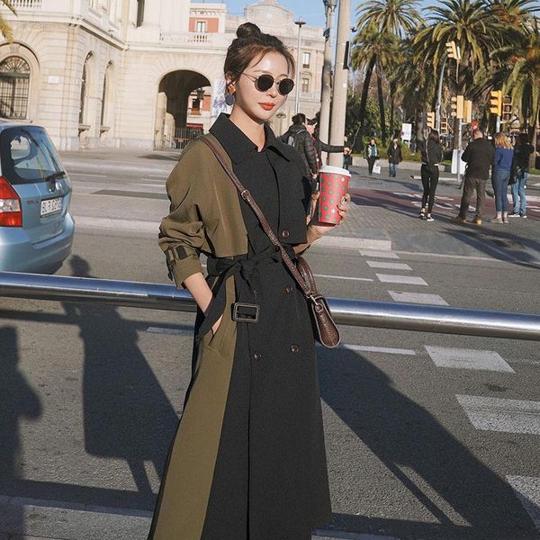 

women's trench coats qingwen autumn korean fashion long quality stitching contrast temperament windbreaker jacket female coat 2021, Tan;black