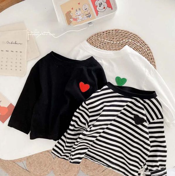 

kids t-shirts cute girl heart-shaped tee classic long sleeves shirts boy clothes casual fashion tees baby clothing stripe white black t shi, Blue