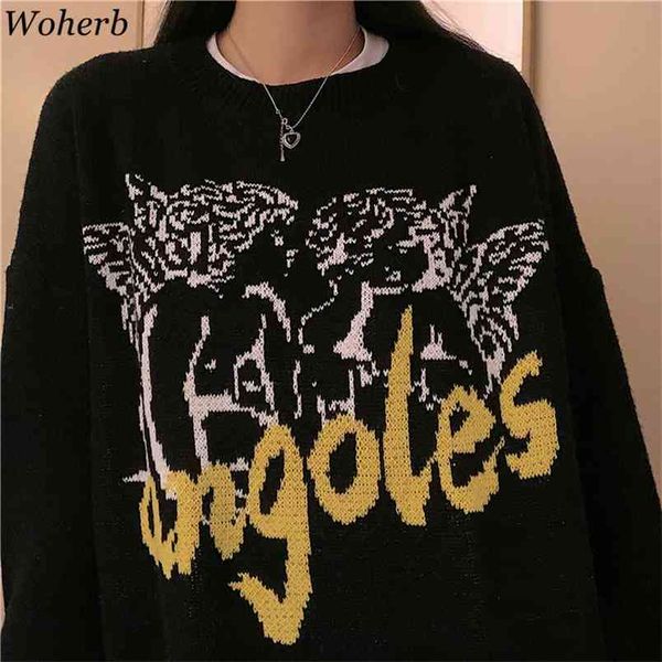 

stylish vintage sweater jumpers for women harajuku streetwear autumn winter angel print female knitted pullovers 210519, White