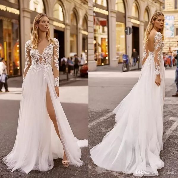 2022 Berta Beach Vestidos de Noiva V Neck mangas compridas Lombar Lace Nupcial Vestido Backless Alta Split Ruffle Sweep Train Robes de Mariée BC10697