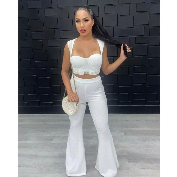 

women's two piece pants 2021 summer casual fashion street ladies slim temperament solid color strapless bell bottoms two-piece set, White