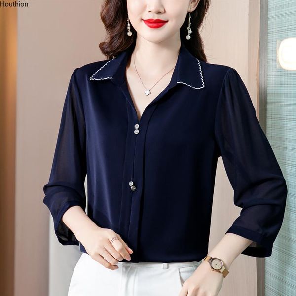 

women's blouses & shirts chiffon loose fashion casual long sleeve blusas solid color collar autumn houthion, White