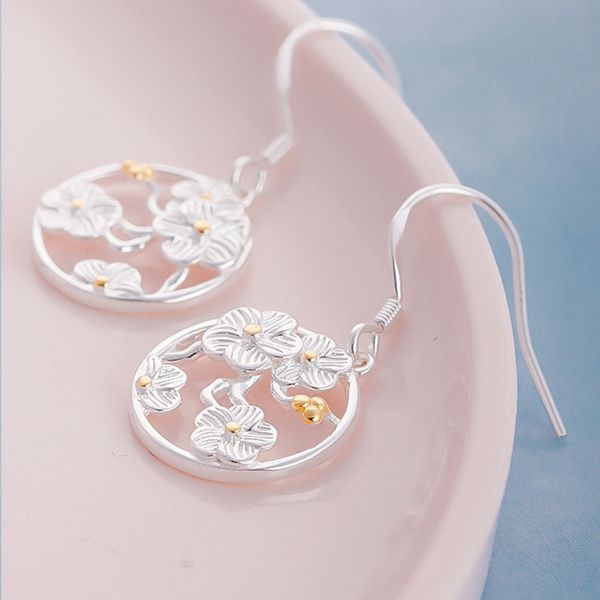 

925 sterling silver cherry blossoms drop earrings for women fashion jewelry sterling-silver-jewelry pendientes, Golden