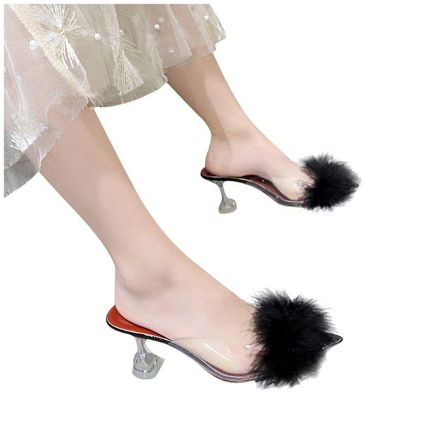 

transparent fur slippers women 2021 pointed toe sandals summer high heels shoes woman slip on flip flops, Black