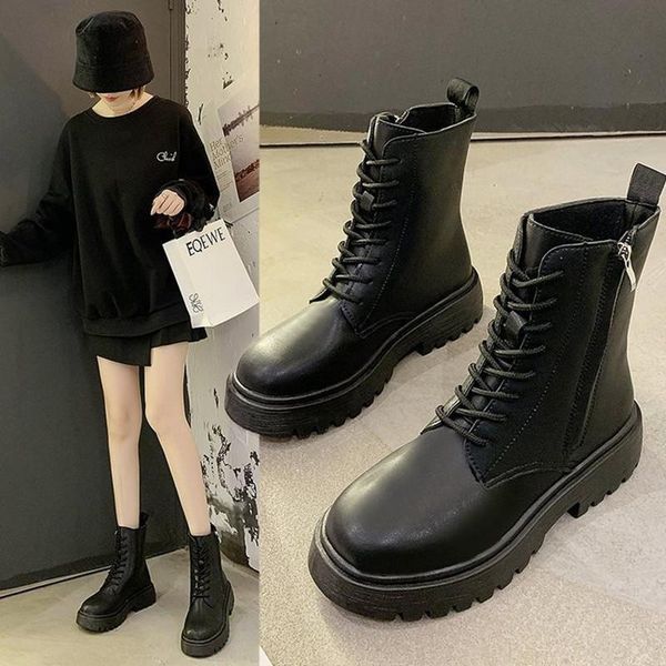 

boots 2021 autumn lace-up black female zipper short handsome platform
