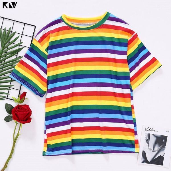 

women's t-shirt klv women plus size half sleeves harajuku rainbow contrast colored cross stripes printed oversized loose pullover, White