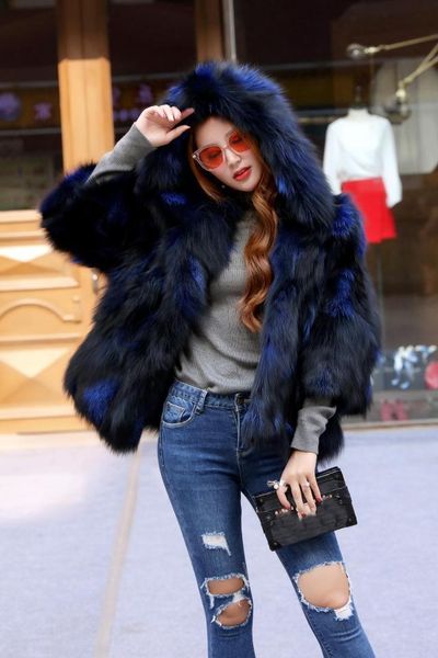 

women's fur & faux genuine real natural coat with hood warm winter waistcoats jacket custom big size, Black