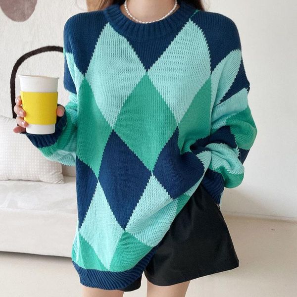 

women's sweaters [ewq] contrast check pattern pullover loose warm long-sleeved knit sweater women 2021 autumn winter clothing queen hol, White;black