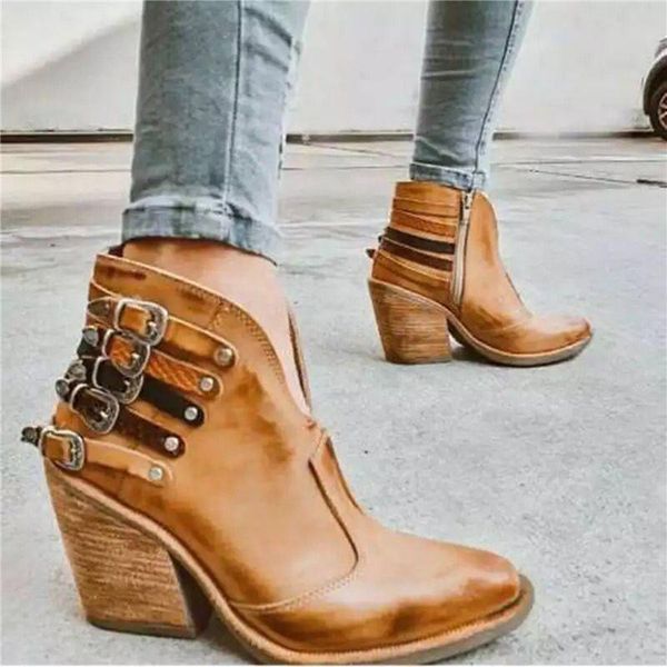 

boots 2021 high heel women pu buckles pointed v port zipper ankle female fashion short, Black