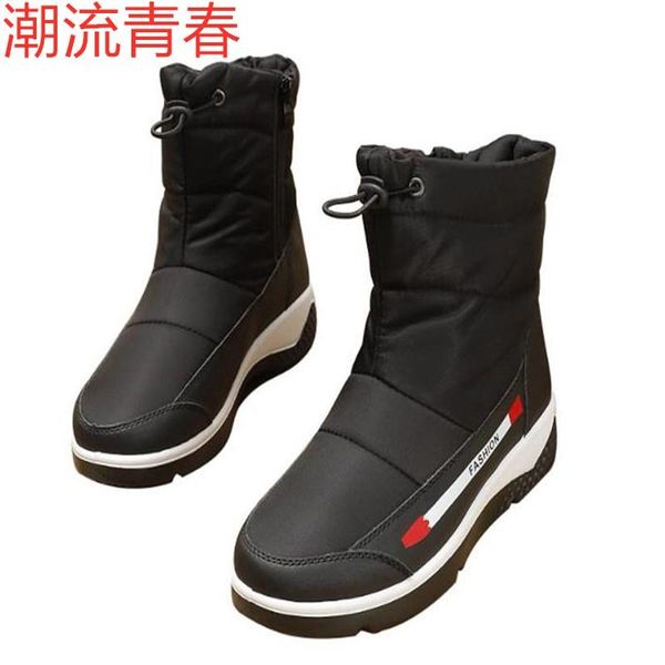 

boots winter women snow waterproof warm botas mujer zipper ankle low heels non-slip, Black